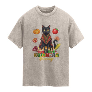 Kwanzaa Blessings Washed Cotton T-Shirt Funny Cat African Heritage Gift
