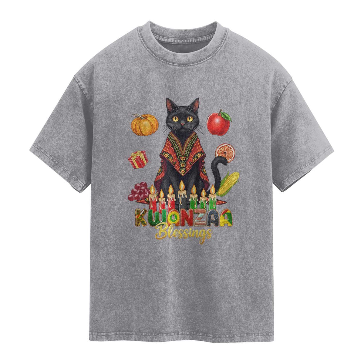 Kwanzaa Blessings Washed Cotton T-Shirt Funny Cat African Heritage Gift