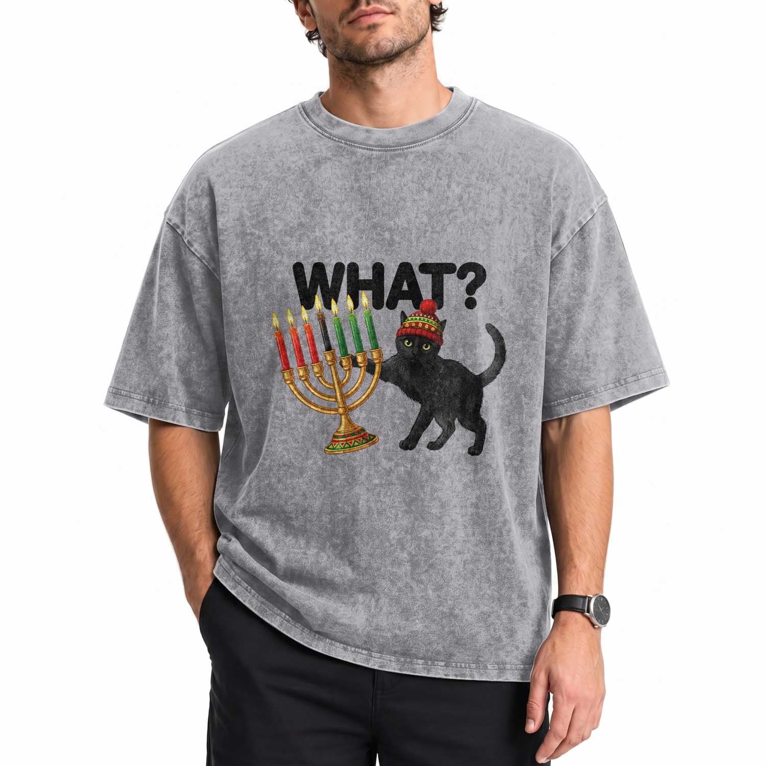 Funny Black Cat Chaos Kwanzaa Kinara Candle Washed Cotton T-Shirt African Heritage Gift