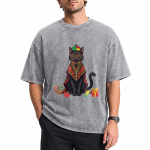 Cute Kwanzaa Cat Dashiki Washed Cotton T-Shirt African Heritage Gift