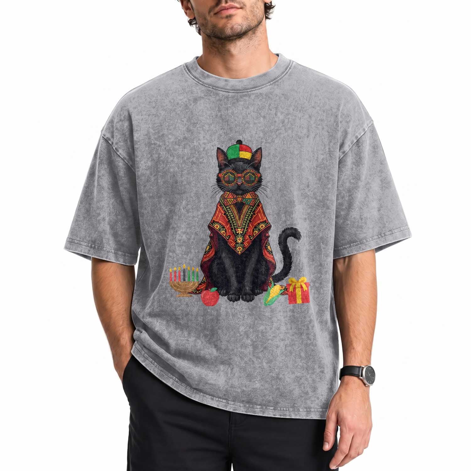 Cute Kwanzaa Cat Dashiki Washed Cotton T-Shirt African Heritage Gift