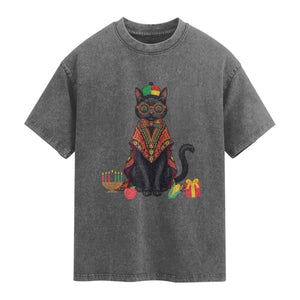Cute Kwanzaa Cat Dashiki Washed Cotton T-Shirt African Heritage Gift