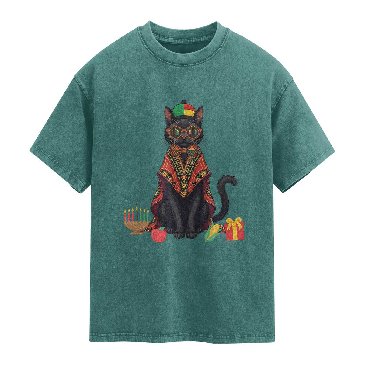 Cute Kwanzaa Cat Dashiki Washed Cotton T-Shirt African Heritage Gift