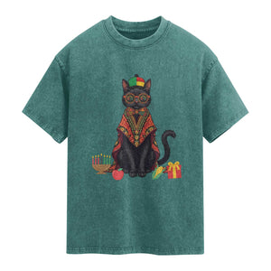 Cute Kwanzaa Cat Dashiki Washed Cotton T-Shirt African Heritage Gift