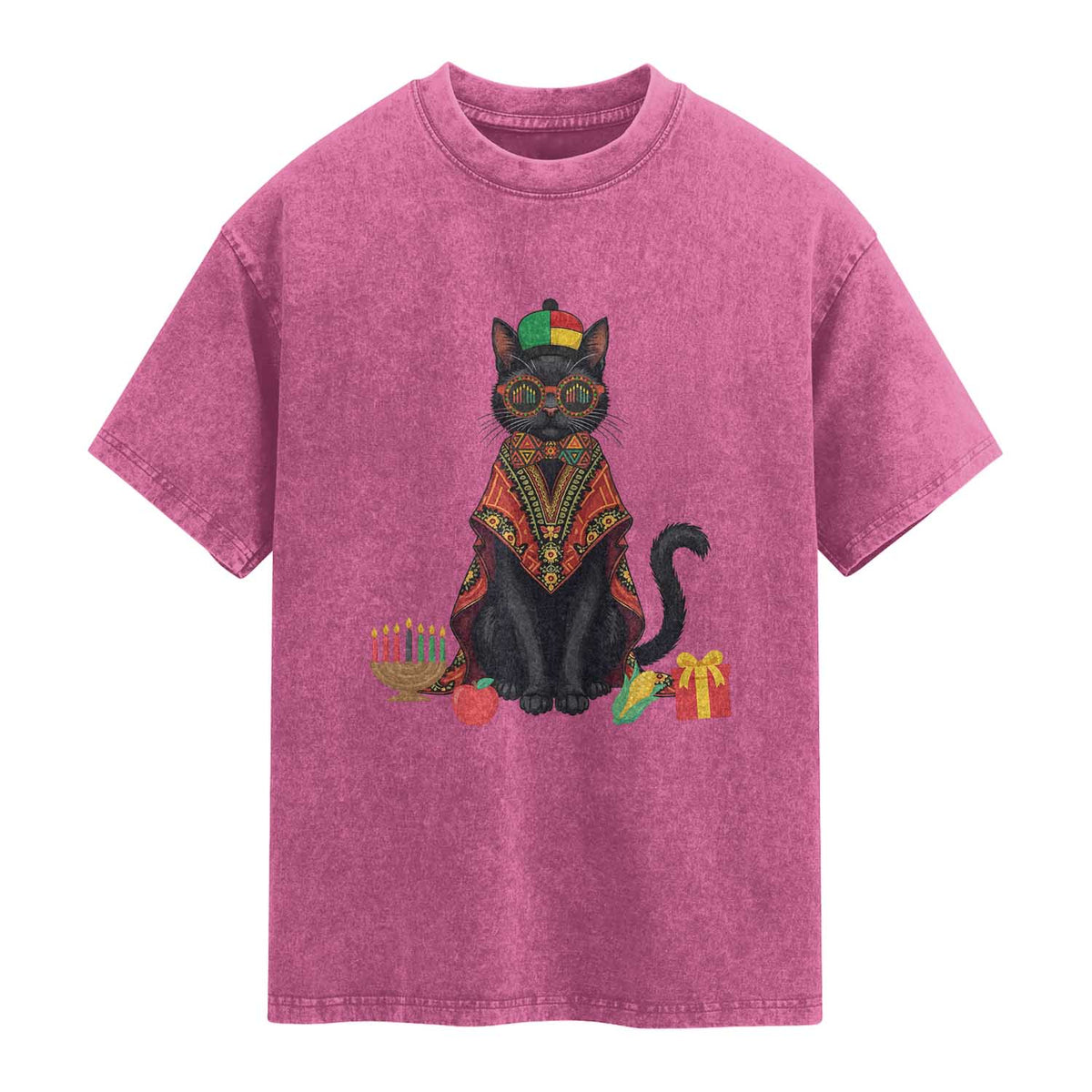 Cute Kwanzaa Cat Dashiki Washed Cotton T-Shirt African Heritage Gift