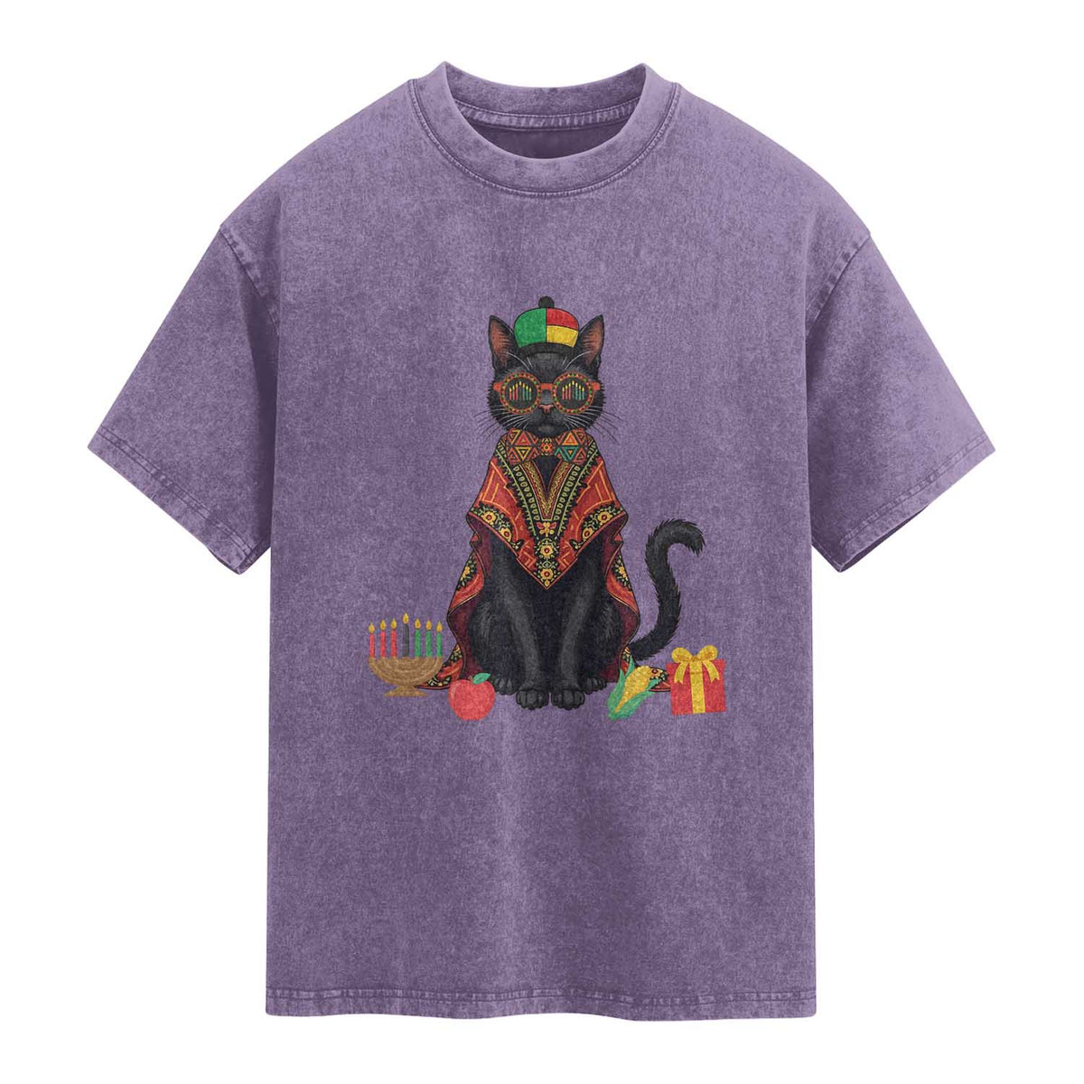 Cute Kwanzaa Cat Dashiki Washed Cotton T-Shirt African Heritage Gift