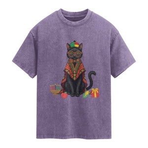 Cute Kwanzaa Cat Dashiki Washed Cotton T-Shirt African Heritage Gift