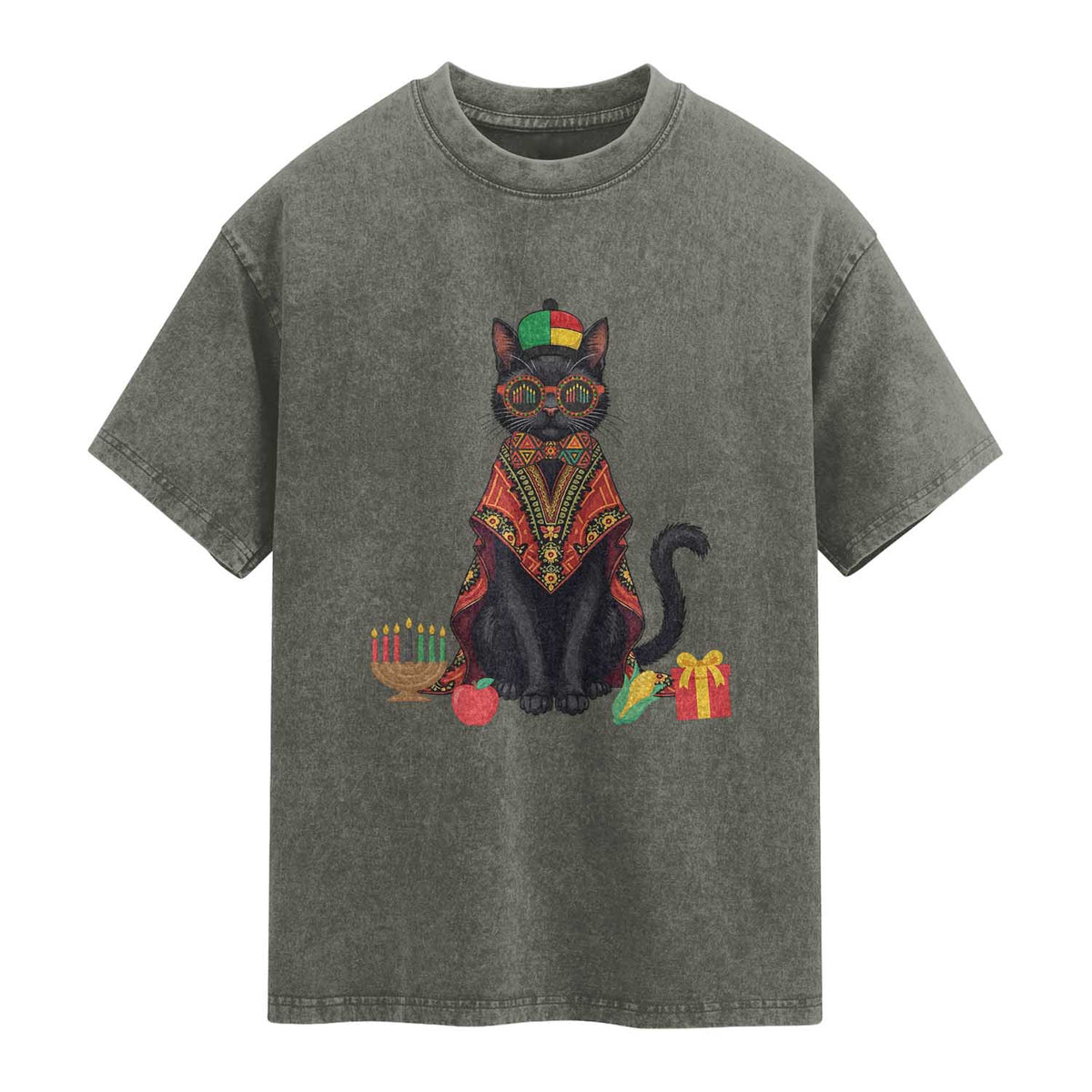 Cute Kwanzaa Cat Dashiki Washed Cotton T-Shirt African Heritage Gift