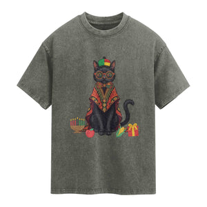 Cute Kwanzaa Cat Dashiki Washed Cotton T-Shirt African Heritage Gift