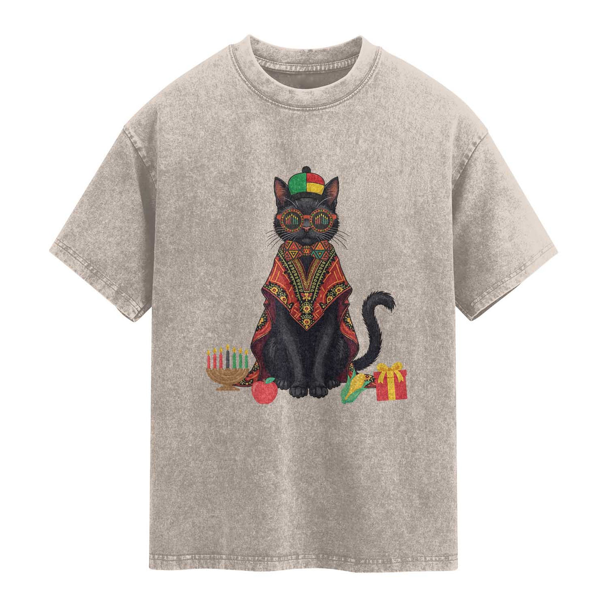 Cute Kwanzaa Cat Dashiki Washed Cotton T-Shirt African Heritage Gift