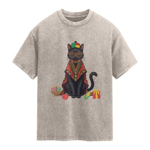 Cute Kwanzaa Cat Dashiki Washed Cotton T-Shirt African Heritage Gift