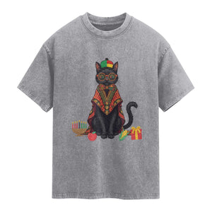 Cute Kwanzaa Cat Dashiki Washed Cotton T-Shirt African Heritage Gift