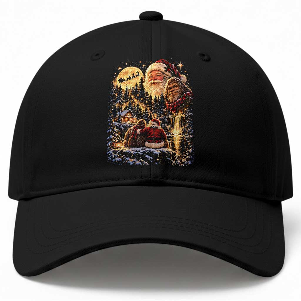 Christmas Bigfoot And Santa Baseball Cap Vintage Snowy Winter Night