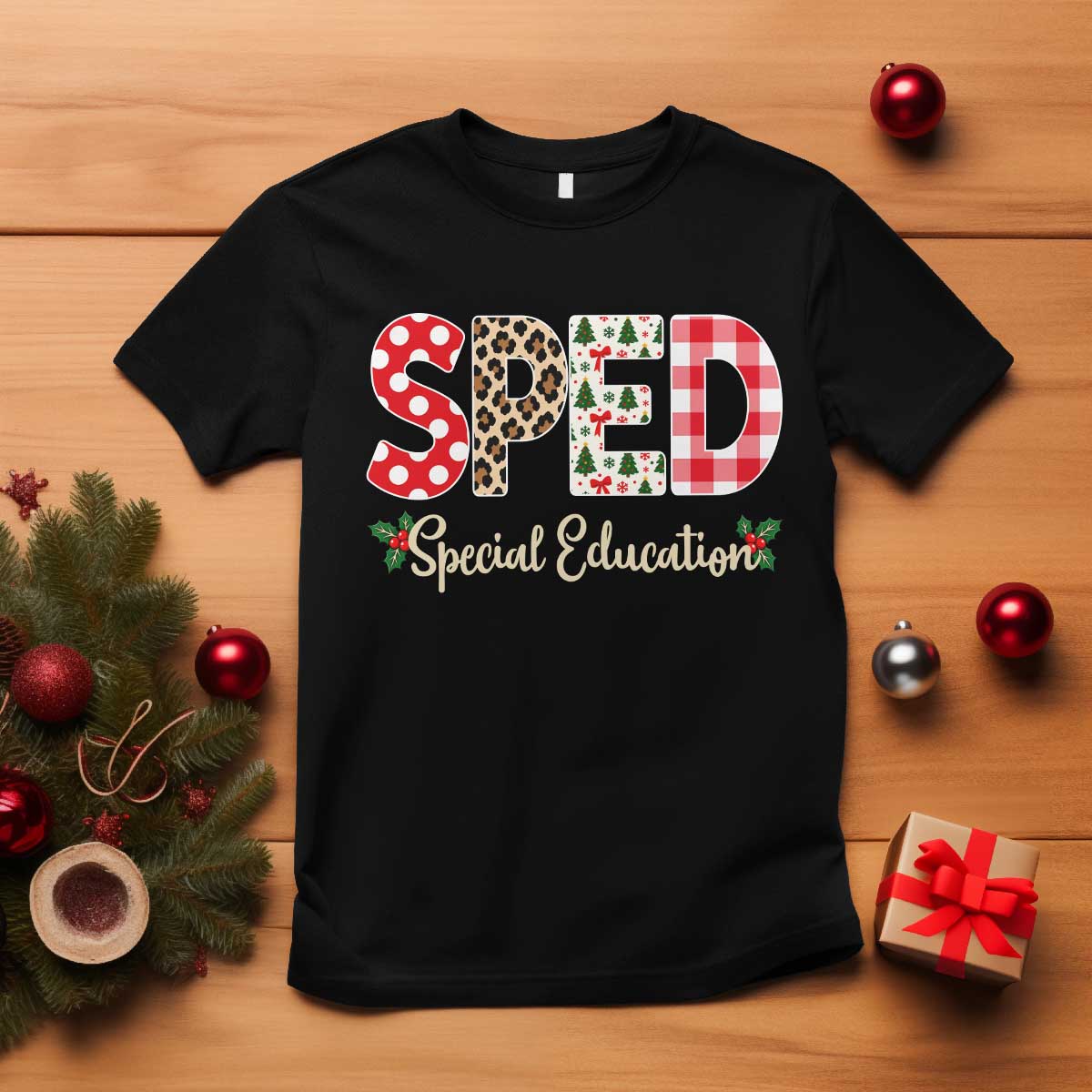 Christmas SPED Teacher T Shirt Leopard Plaid Special Education Educator Gift
