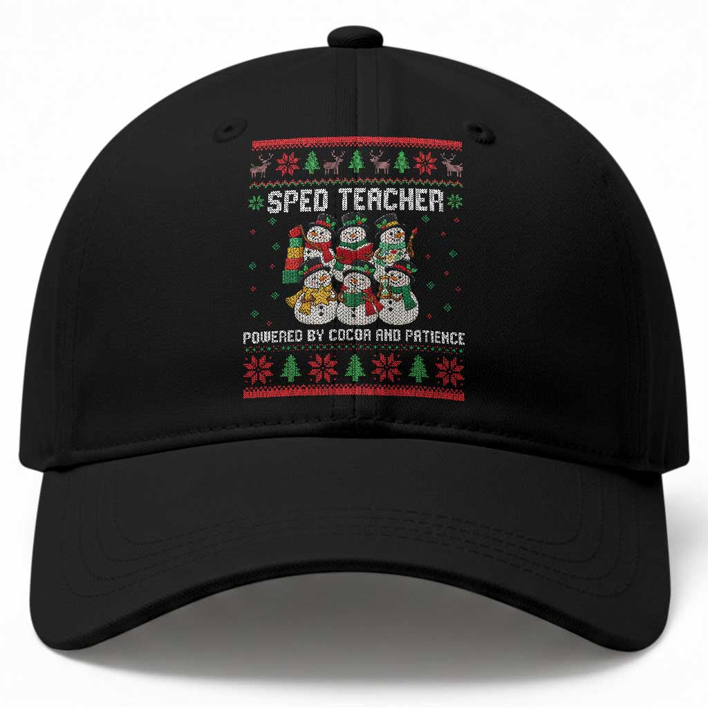 Christmas SPED Teacher Snowman Baseball Cap Powered By Cocoa And Patience