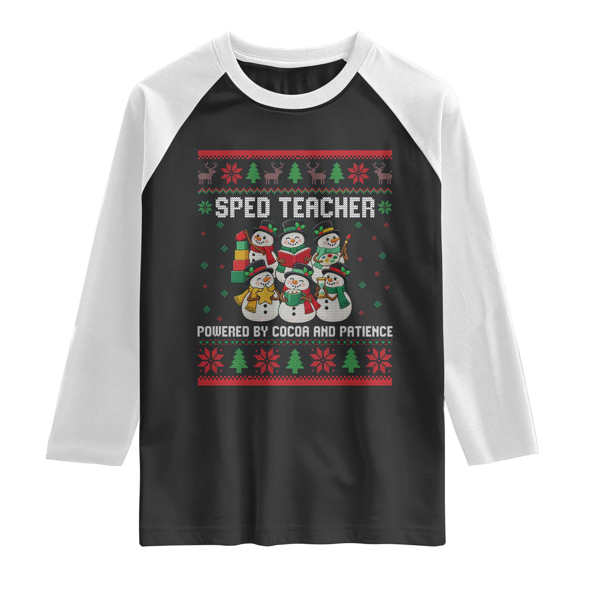 Christmas SPED Teacher Snowman Raglan Shirt Powered By Cocoa And Patience