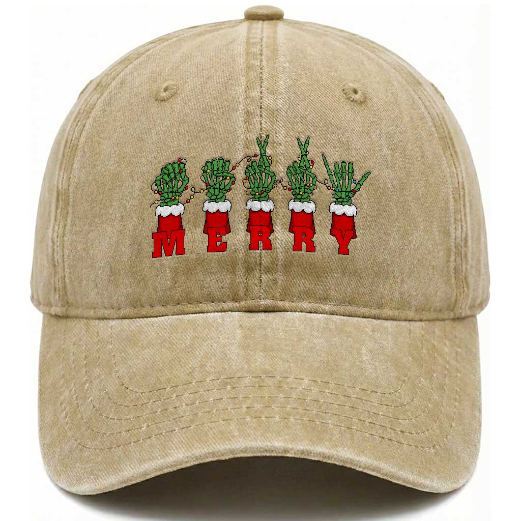 Merry ASL Christmas Skeleton Hands Washed Cotton Baseball Cap Sign Language SPED Teacher Educator Life