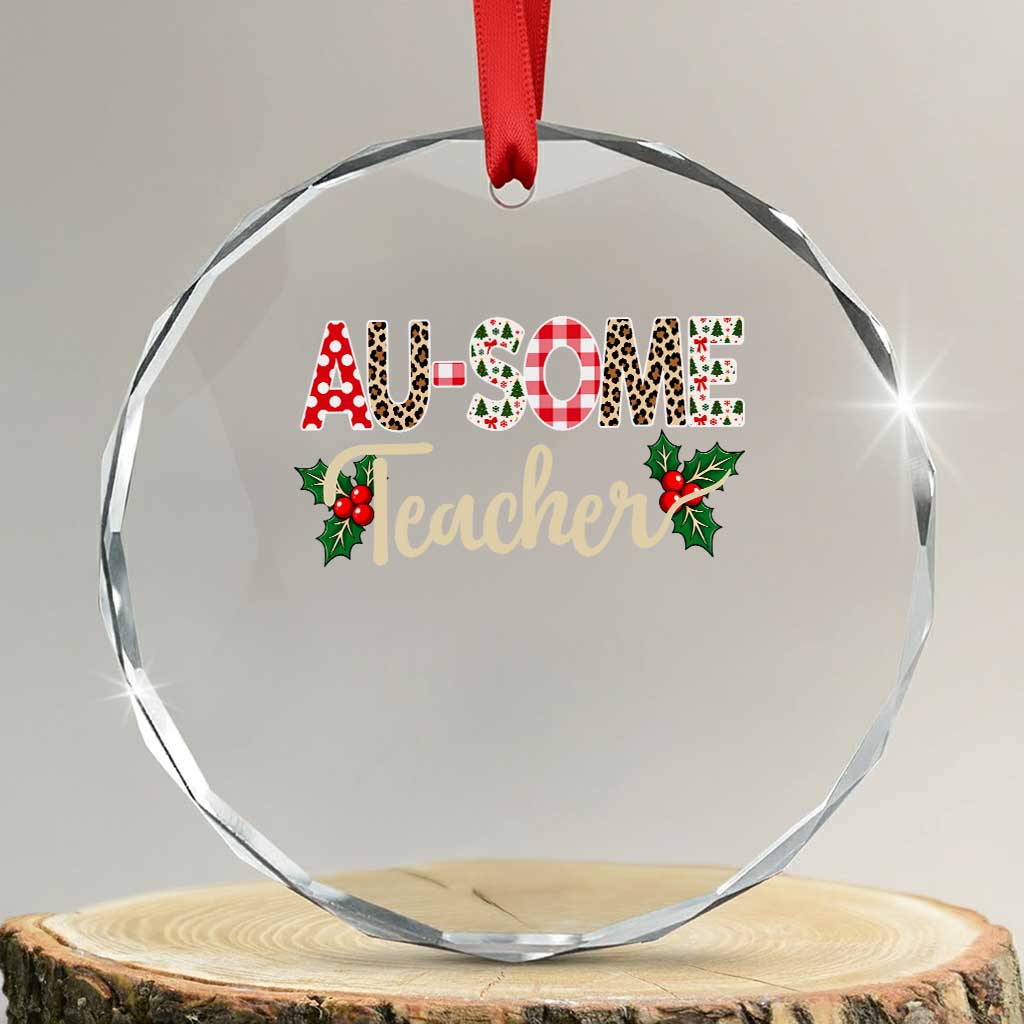 Au Some Teacher Educator Gift Crystal Glass Ornament Christmas Leopard Plaid