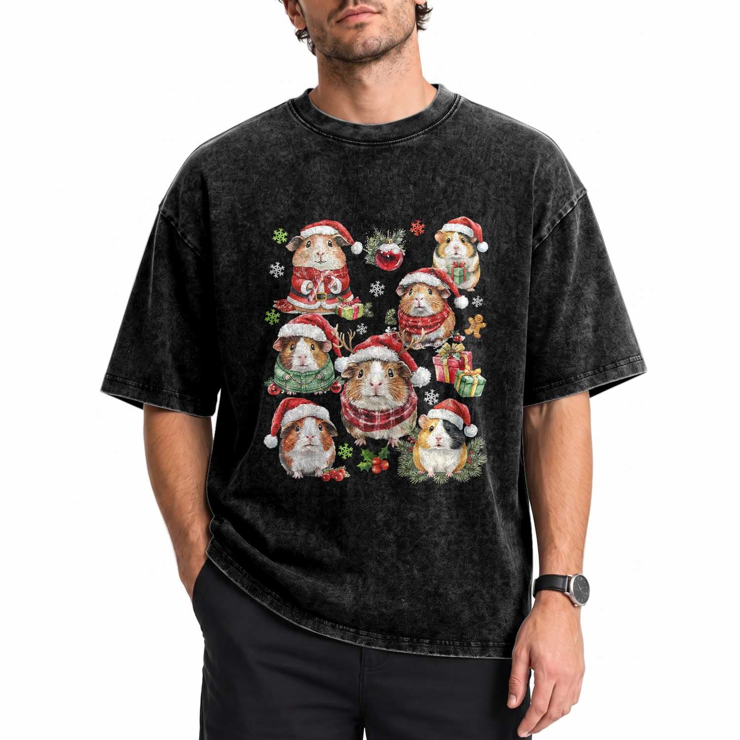 Funny Santa Cavy Squad Washed Cotton T-Shirt Christmas Guinea Pig Gift