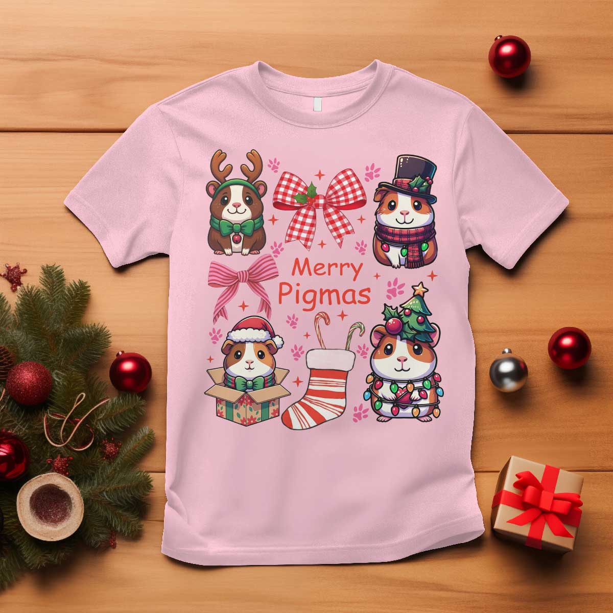 Merry Pigmas T Shirt Funny Guinea Pig Cavy Lover Holiday Gift TS12 Light Pink Print Your Wear