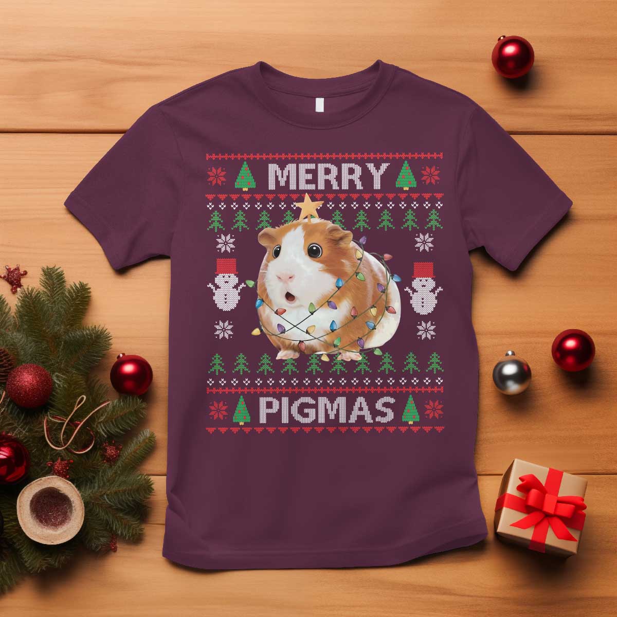 Merry Pigmas Ugly Christmas T Shirt Guinea Pig Lover TS12 Maroon Print Your Wear