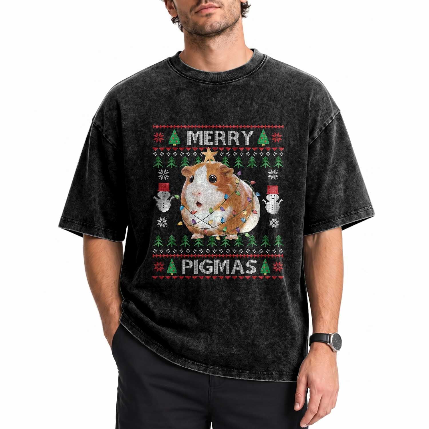 Merry Pigmas Ugly Christmas Washed Cotton T-Shirt Guinea Pig Lover