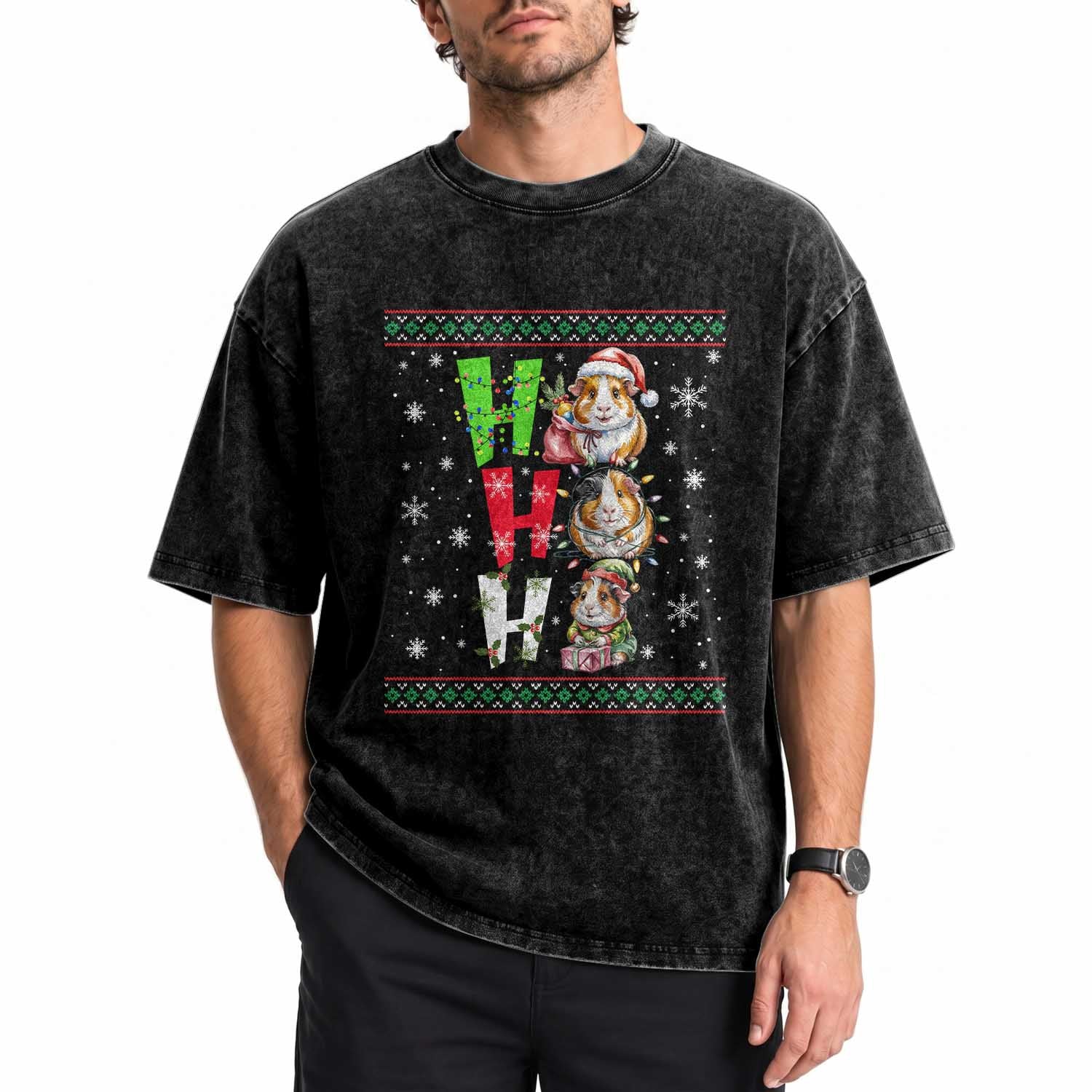 Funny Guinea Pig Ho Ho Ho Ugly Christmas Sweater Washed Cotton T-Shirt Cute Pet Lover