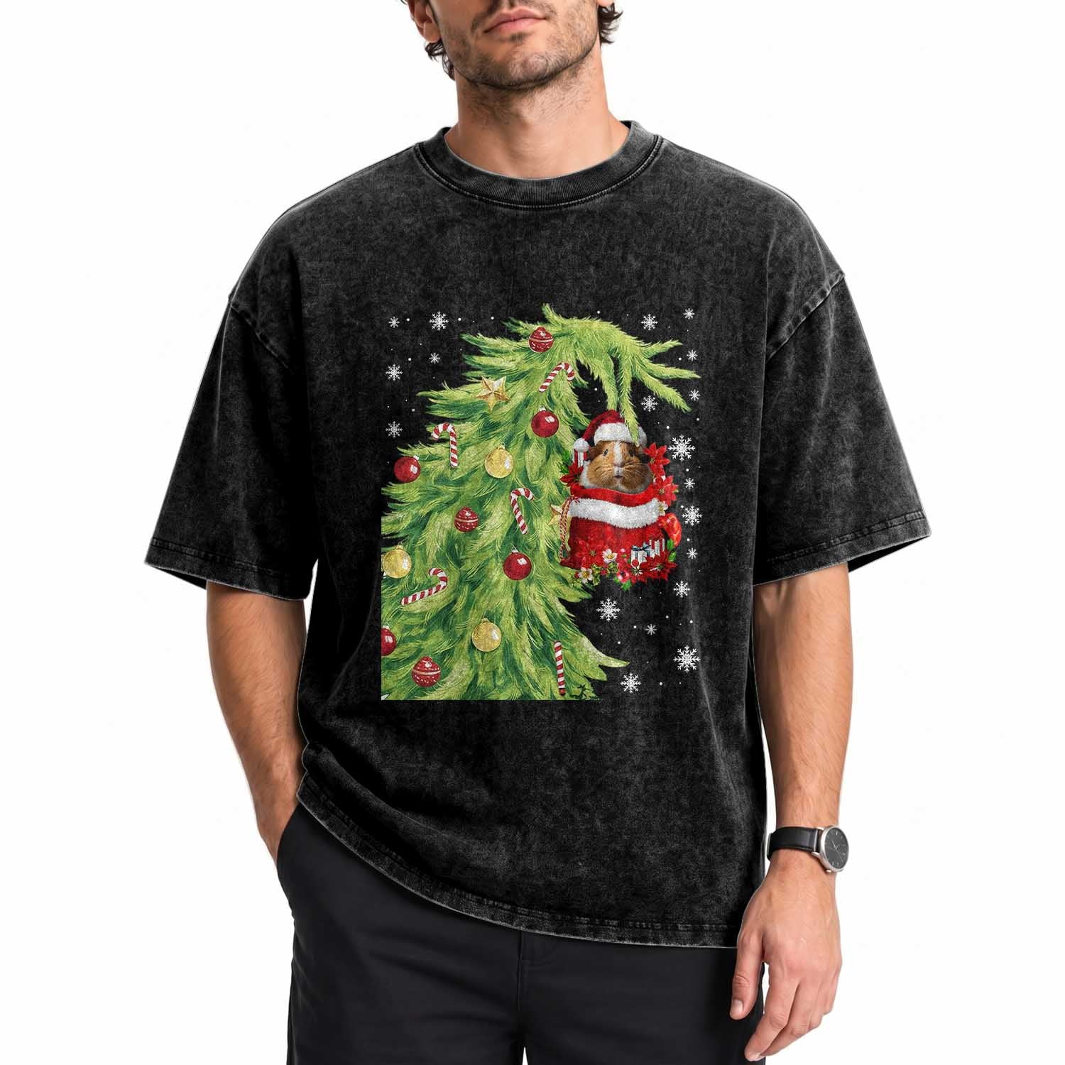 Funny Christmas Guinea In Green Hand Naughty Washed Cotton T-Shirt Cute Pet Lover Gift