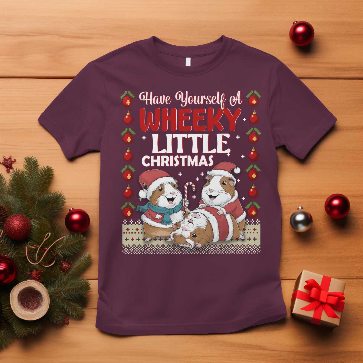 Have Yourself A Wheeky Little Christmas T Shirt Funny Guinea Pig Lover TS12 Maroon Print Your Wear