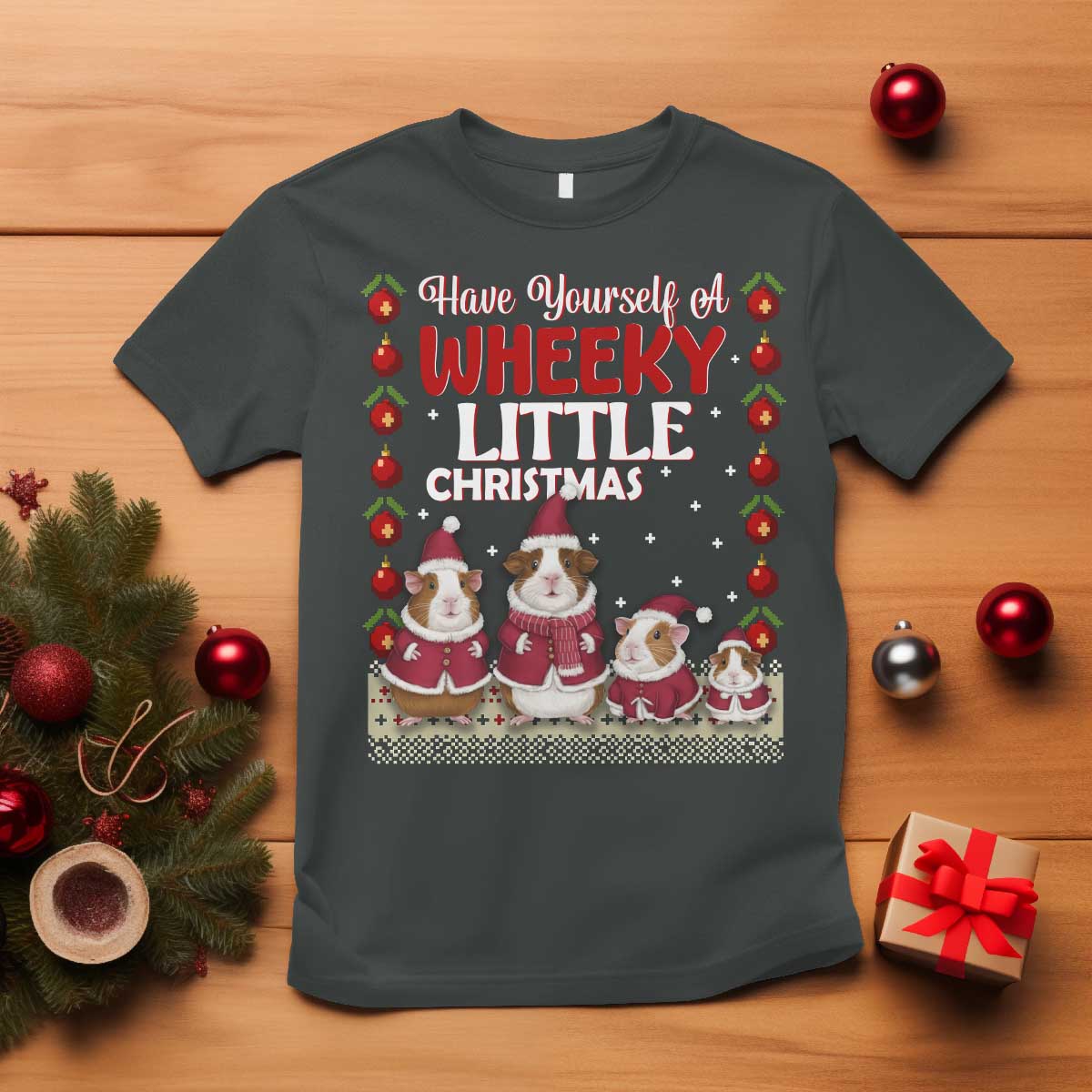 Christmas Guinea Pig Lover T Shirt Have Yourself A Wheeky Little TS12 Dark Heather Print Your Wear
