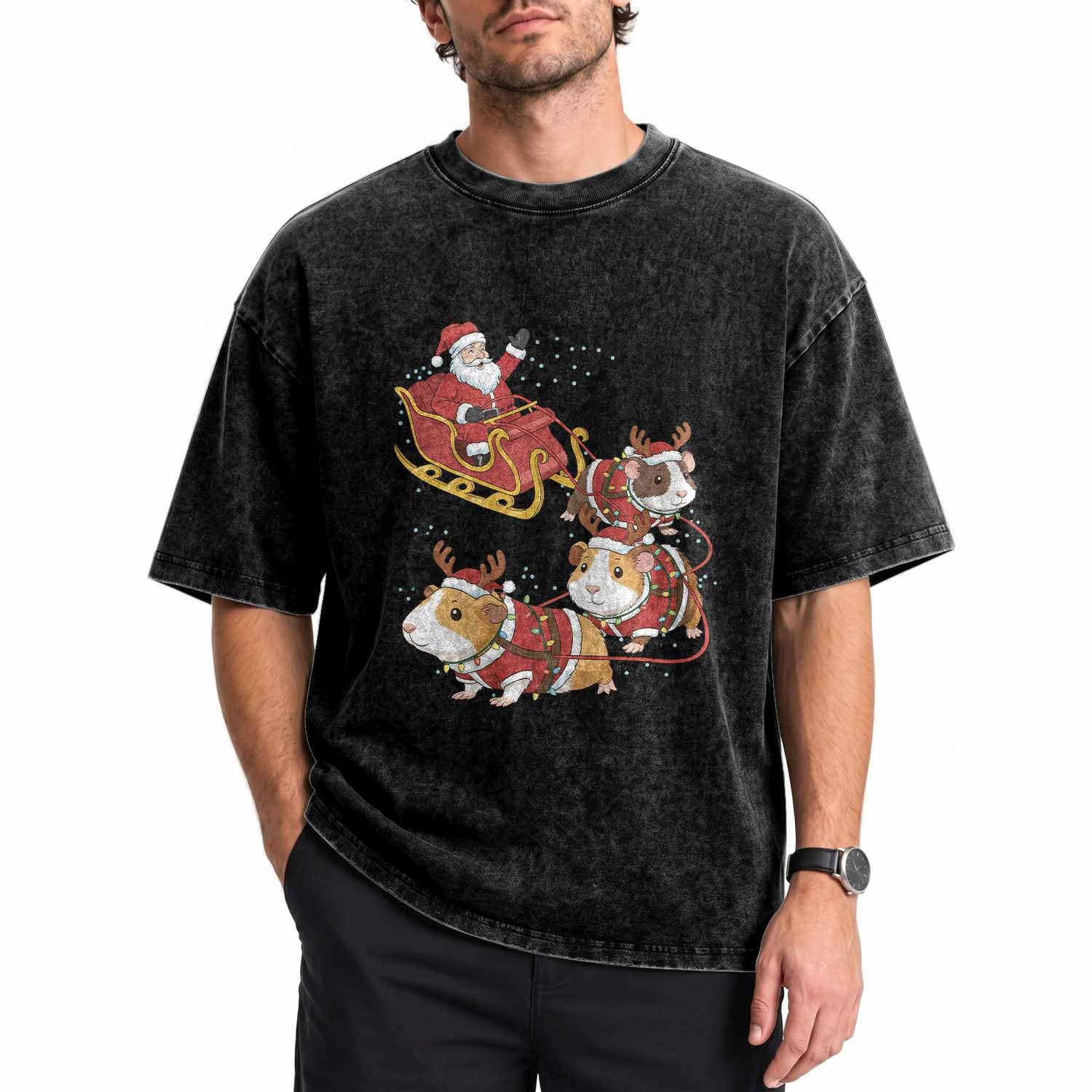 Funny Christmas Guinea Pig Lover Gift Washed Cotton T-Shirt Santa Pig Sleigh Crew