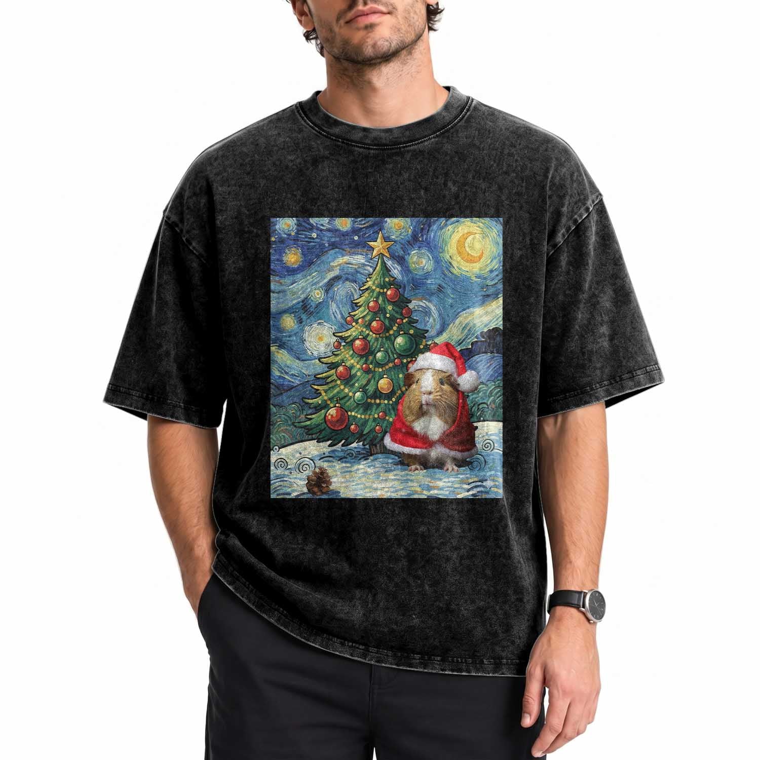 Santa Guinea Pig Starry Night Inspired Washed Cotton T-Shirt Funny Christmas Gift