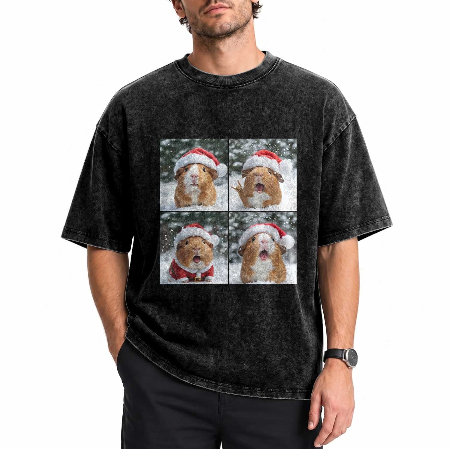 Funny Guinea Pig With Santa Hat Photobooth Washed Cotton T-Shirt Christmas Gift
