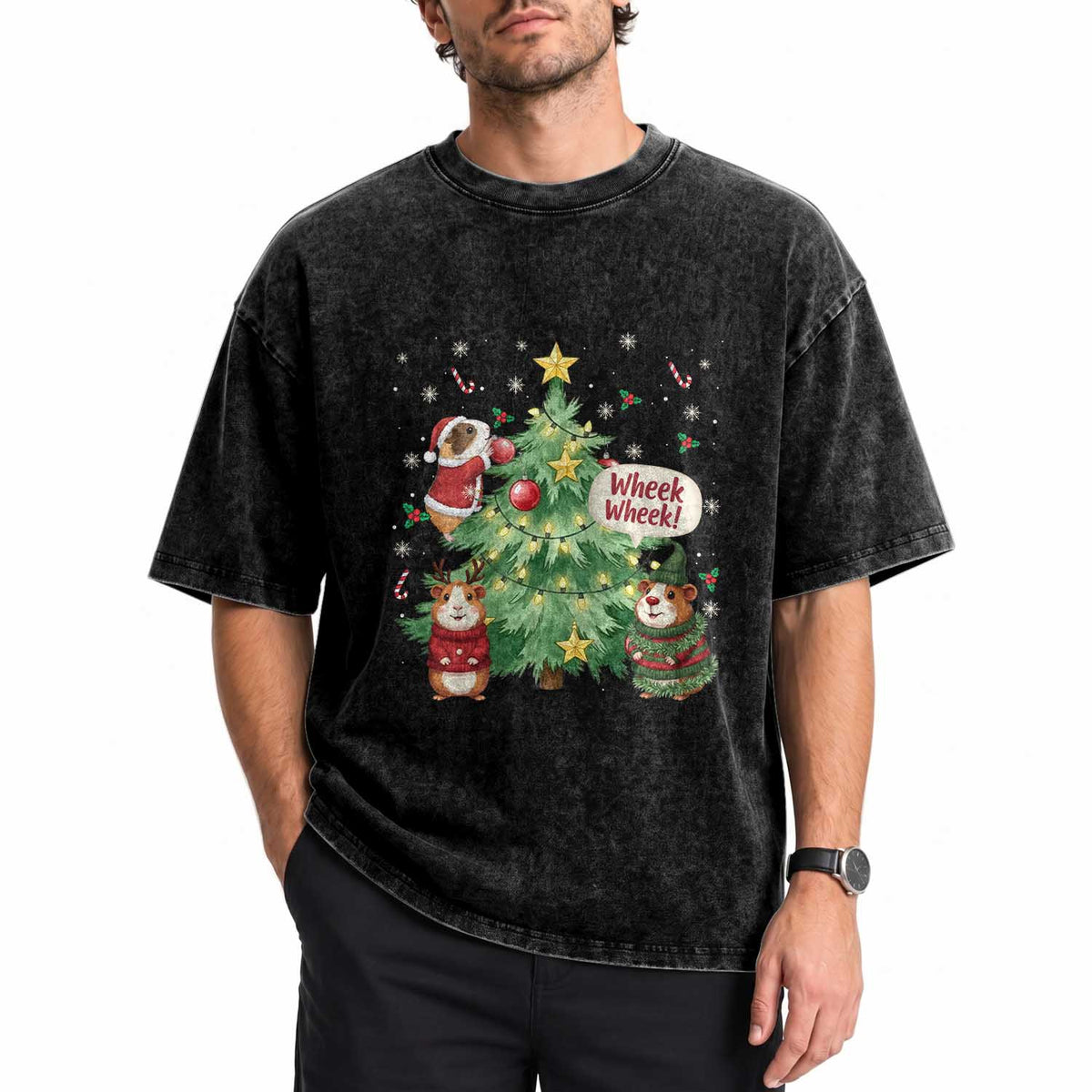 Wheek Wheek Guinea Pig Christmas Outfit Washed Cotton T-Shirt Cavy Lover Gift