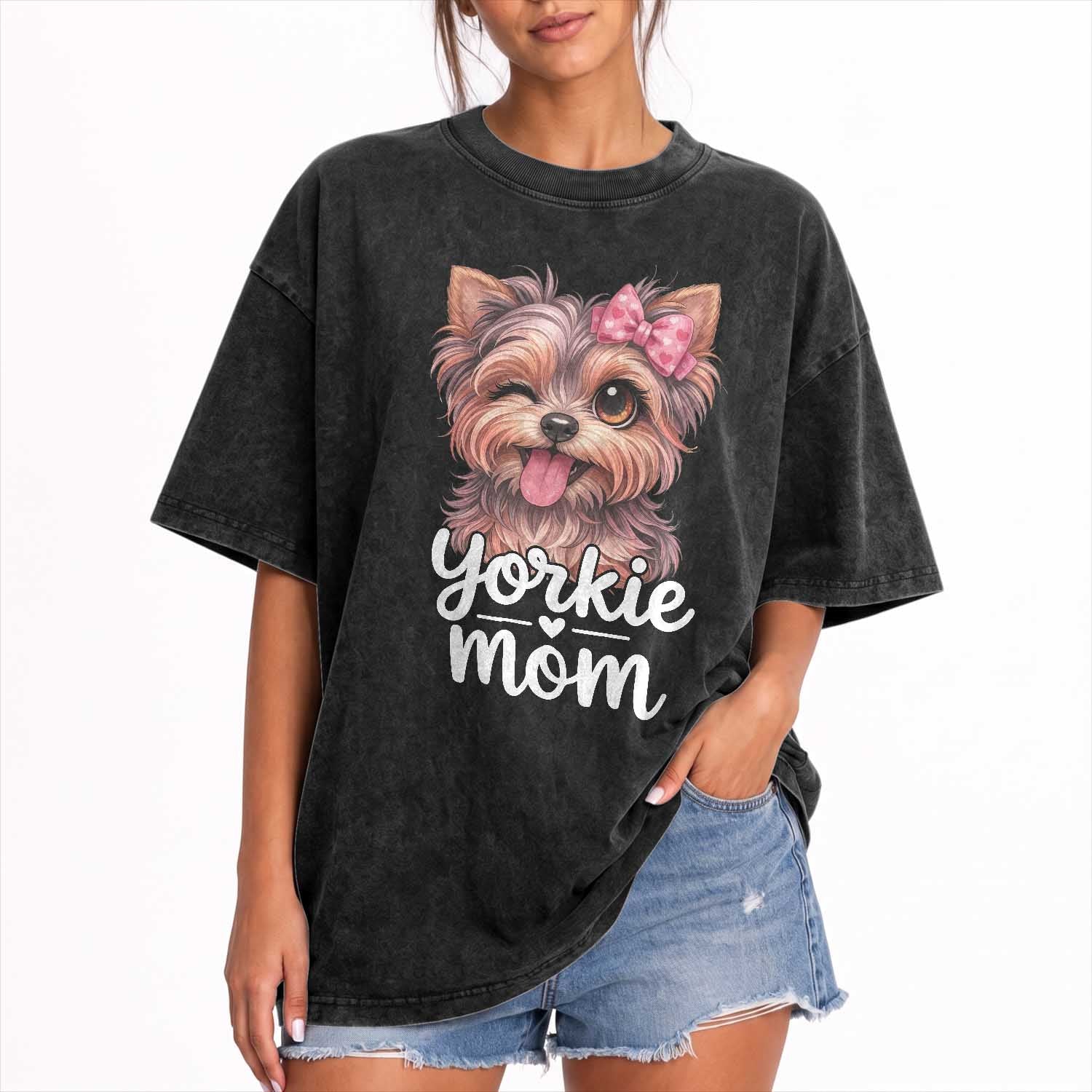 Yorkshire Terrier Dog Mom Washed Cotton T-Shirt Cute Yorkie Puppy Gift