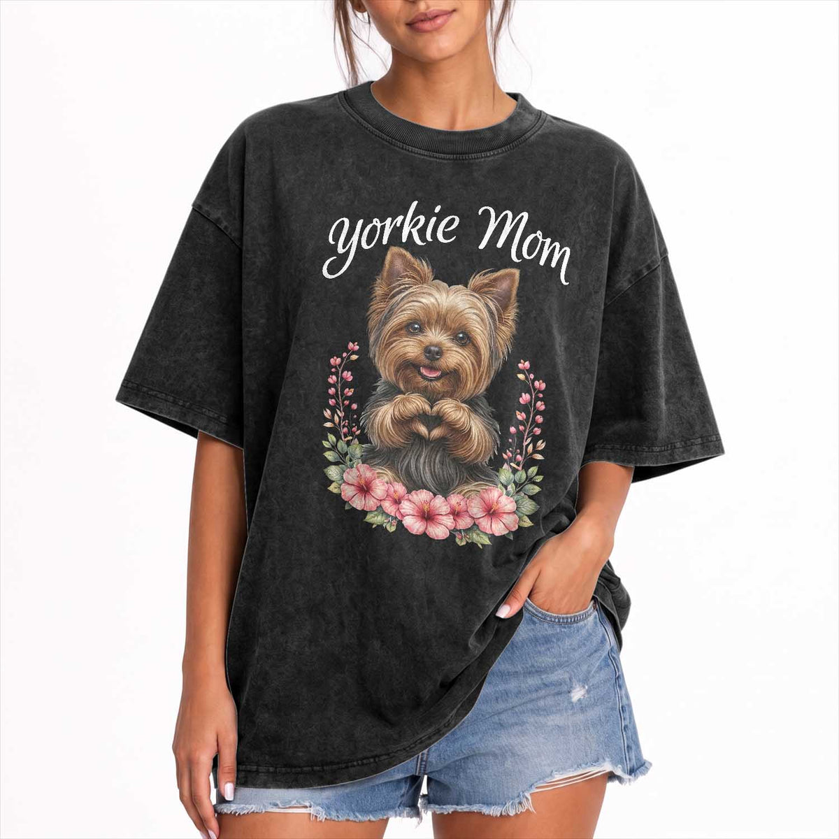 Cute Yorkie Mama Washed Cotton T-Shirt Yorkshire Terrier Dog Lover