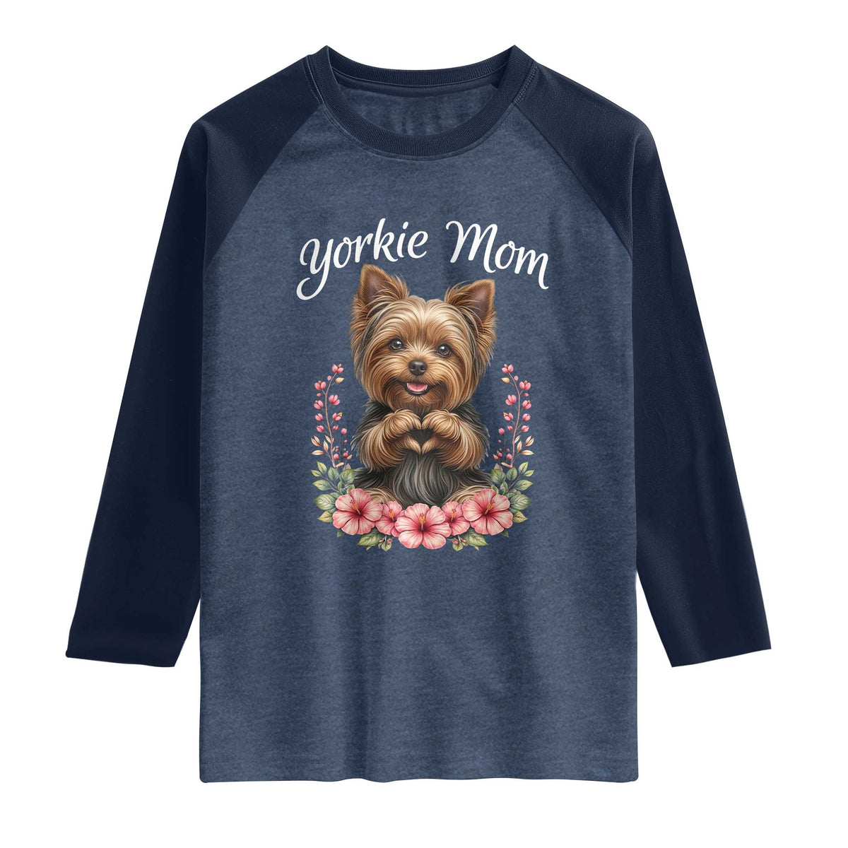 Cute Yorkie Mama Raglan Shirt Yorkshire Terrier Dog Lover TS12 Heather Denim Navy Print Your Wear