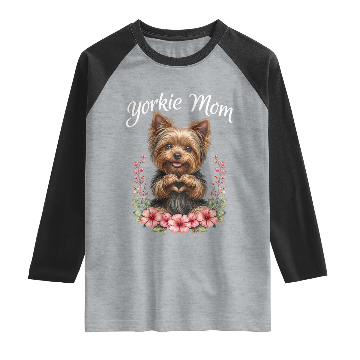 Cute Yorkie Mama Raglan Shirt Yorkshire Terrier Dog Lover TS12 Heather Gray Black Print Your Wear
