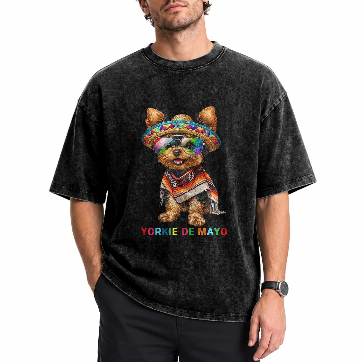 Yorkie De Mayo Washed Cotton T-Shirt Cinco De Mayo Dog Lover