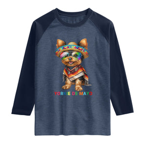 Yorkie De Mayo Raglan Shirt Cinco De Mayo Dog Lover TS12 Heather Denim Navy Print Your Wear
