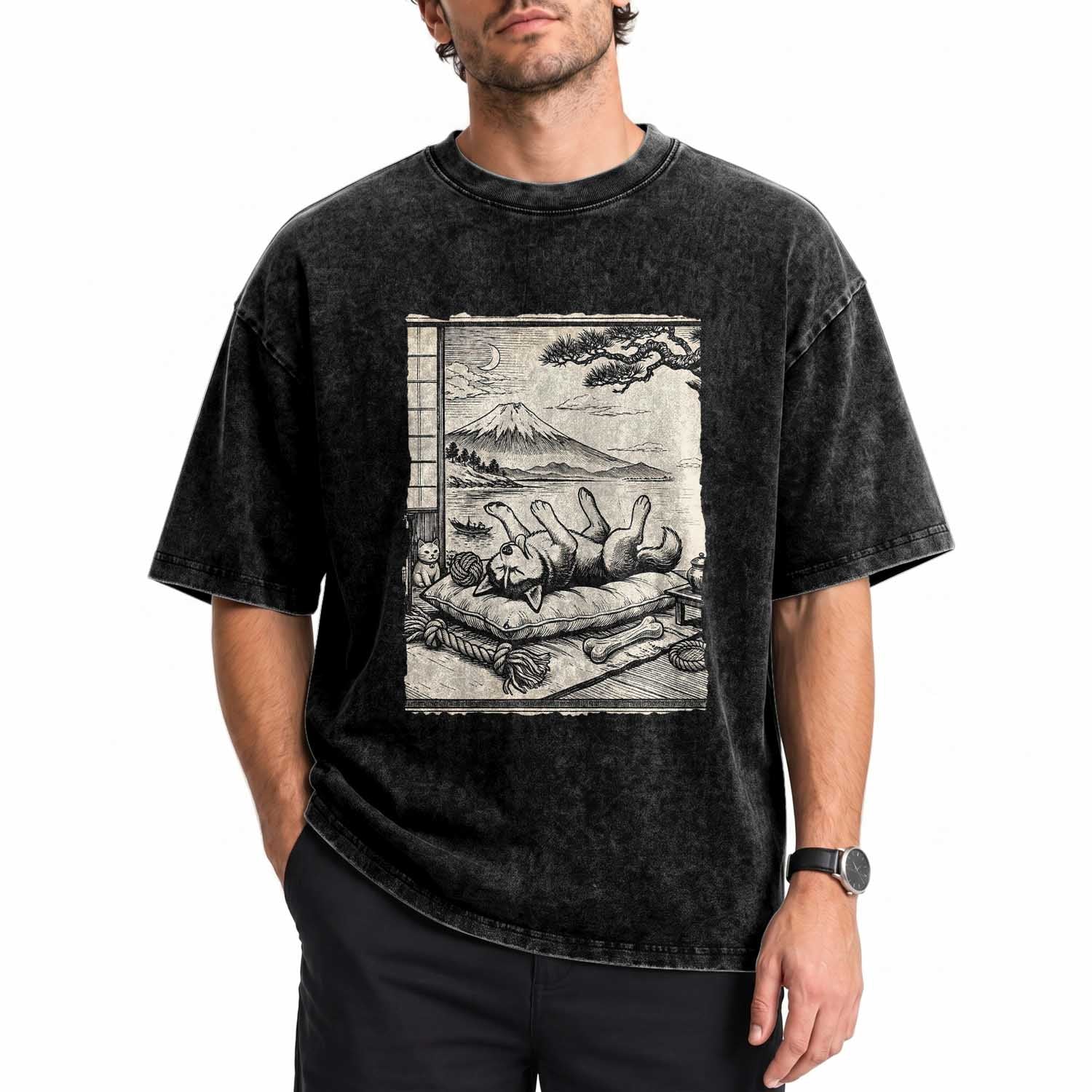 Vintage Japanese Ukiyoe Siberian Husky Washed Cotton T-Shirt Cute Sleeping Animal Gift