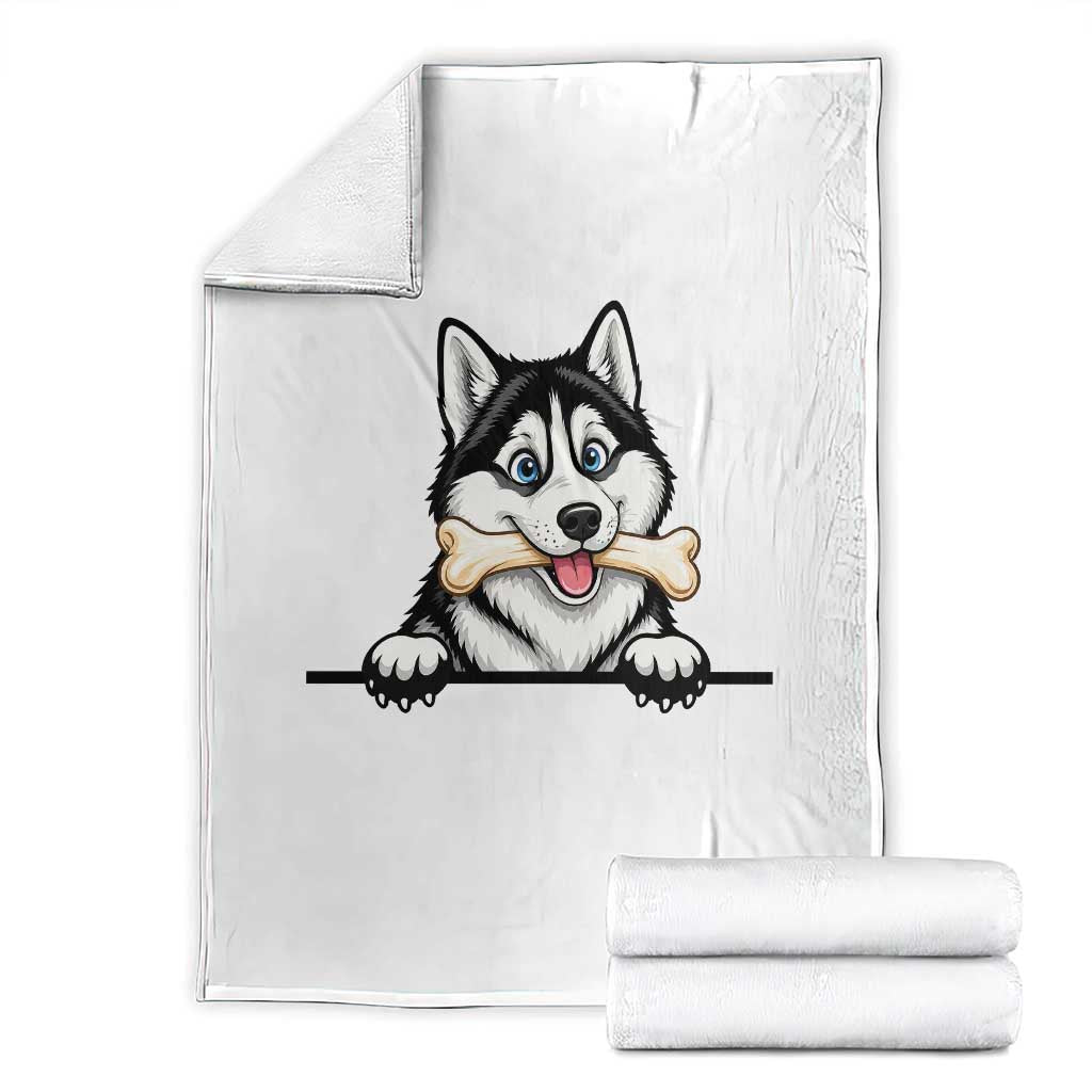 Cute Siberian Husky Puppy Throw Blanket Chewing Bone Meme TS12 White Print Your Wear