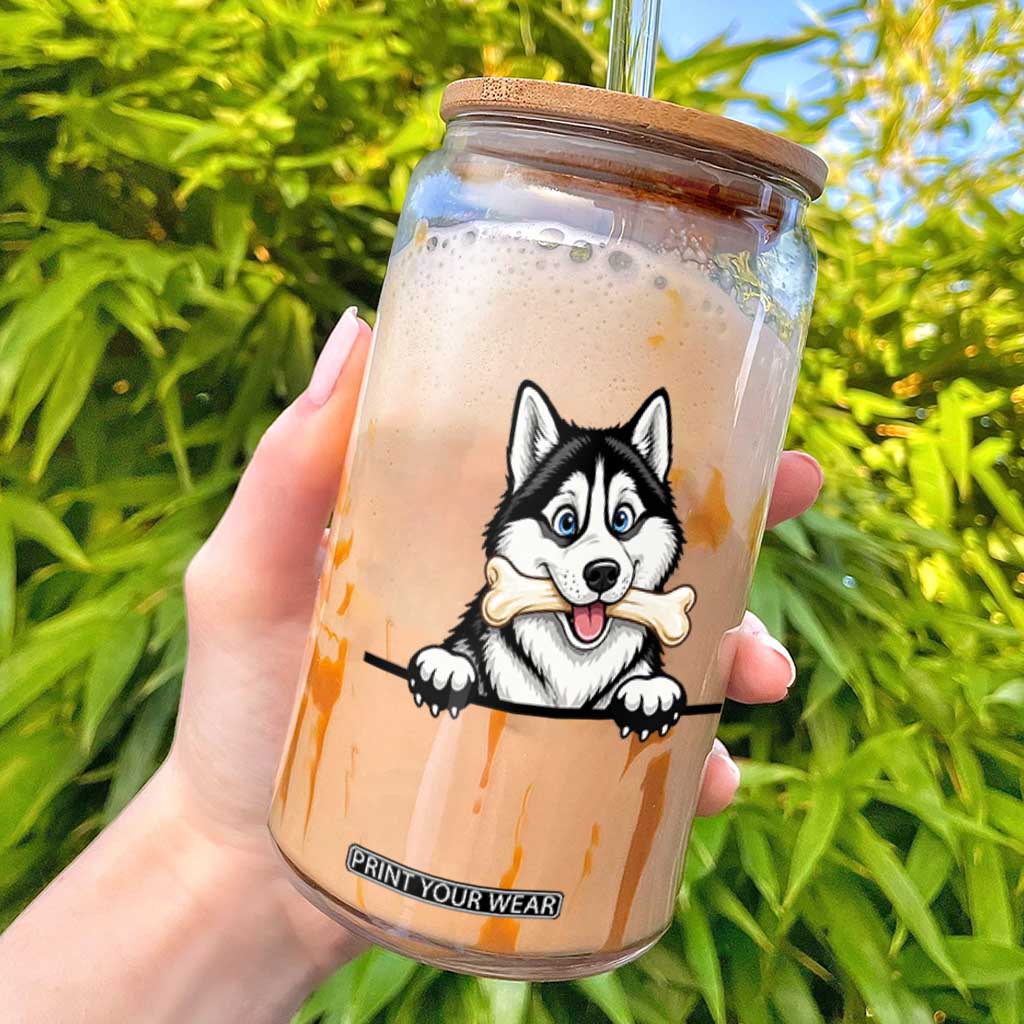Cute Siberian Husky Puppy Glass Can Chewing Bone Meme TS12 White Print Your Wear