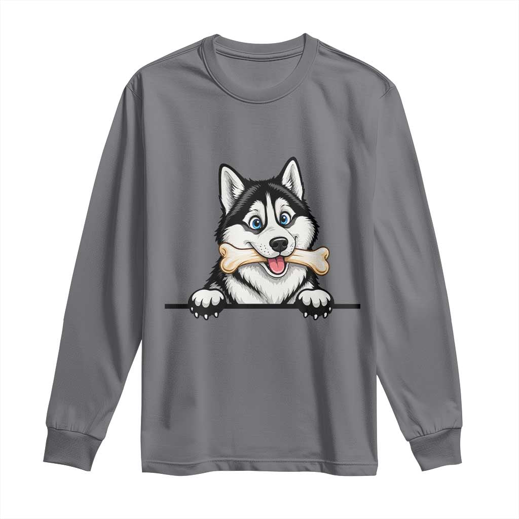 Cute Siberian Husky Puppy Long Sleeve Shirt Chewing Bone Meme TS12 Charcoal Print Your Wear