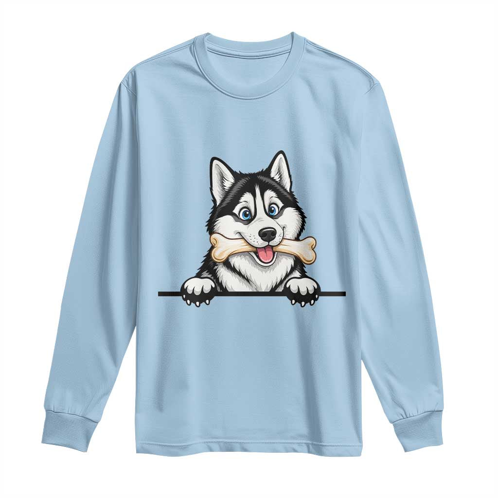 Cute Siberian Husky Puppy Long Sleeve Shirt Chewing Bone Meme TS12 Light Blue Print Your Wear