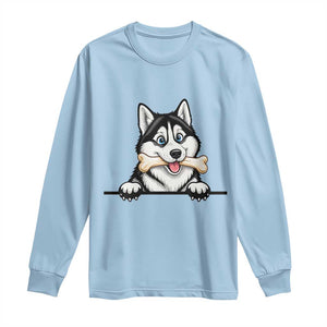 Cute Siberian Husky Puppy Long Sleeve Shirt Chewing Bone Meme TS12 Light Blue Print Your Wear