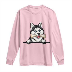 Cute Siberian Husky Puppy Long Sleeve Shirt Chewing Bone Meme TS12 Light Pink Print Your Wear
