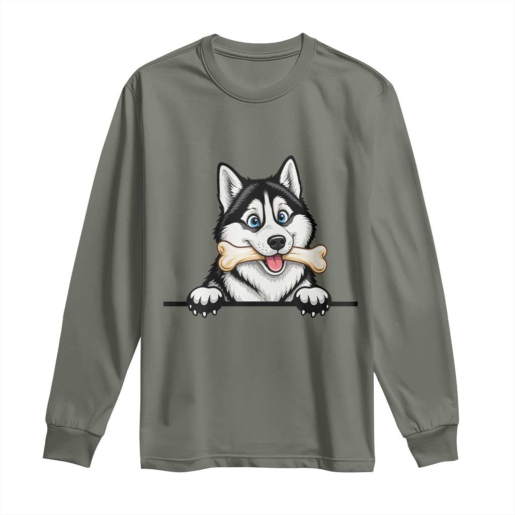 Cute Siberian Husky Puppy Long Sleeve Shirt Chewing Bone Meme TS12 Military Green Print Your Wear