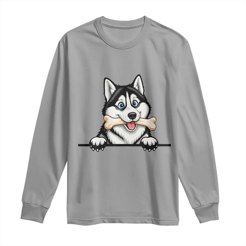 Cute Siberian Husky Puppy Long Sleeve Shirt Chewing Bone Meme TS12 Sport Gray Print Your Wear