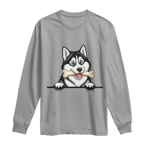 Cute Siberian Husky Puppy Long Sleeve Shirt Chewing Bone Meme TS12 Sport Gray Print Your Wear